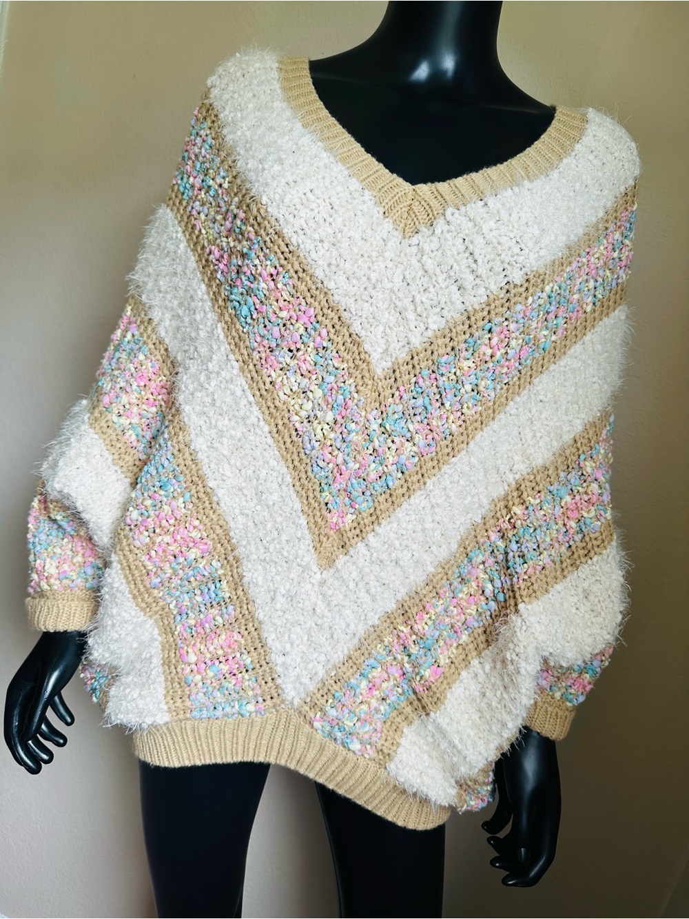 🍬 POL Dreamy Pastel Flecked Fuzzy Oversized Chevron Knit Sweater
